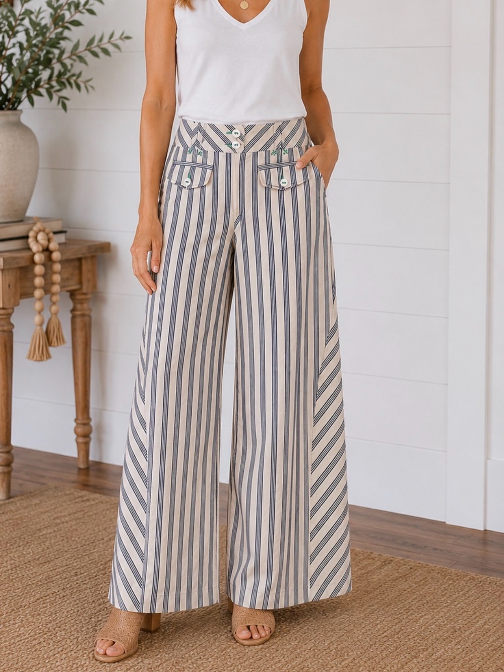 Anthropologie Cream and Blue Striped Wide-Leg Pants
